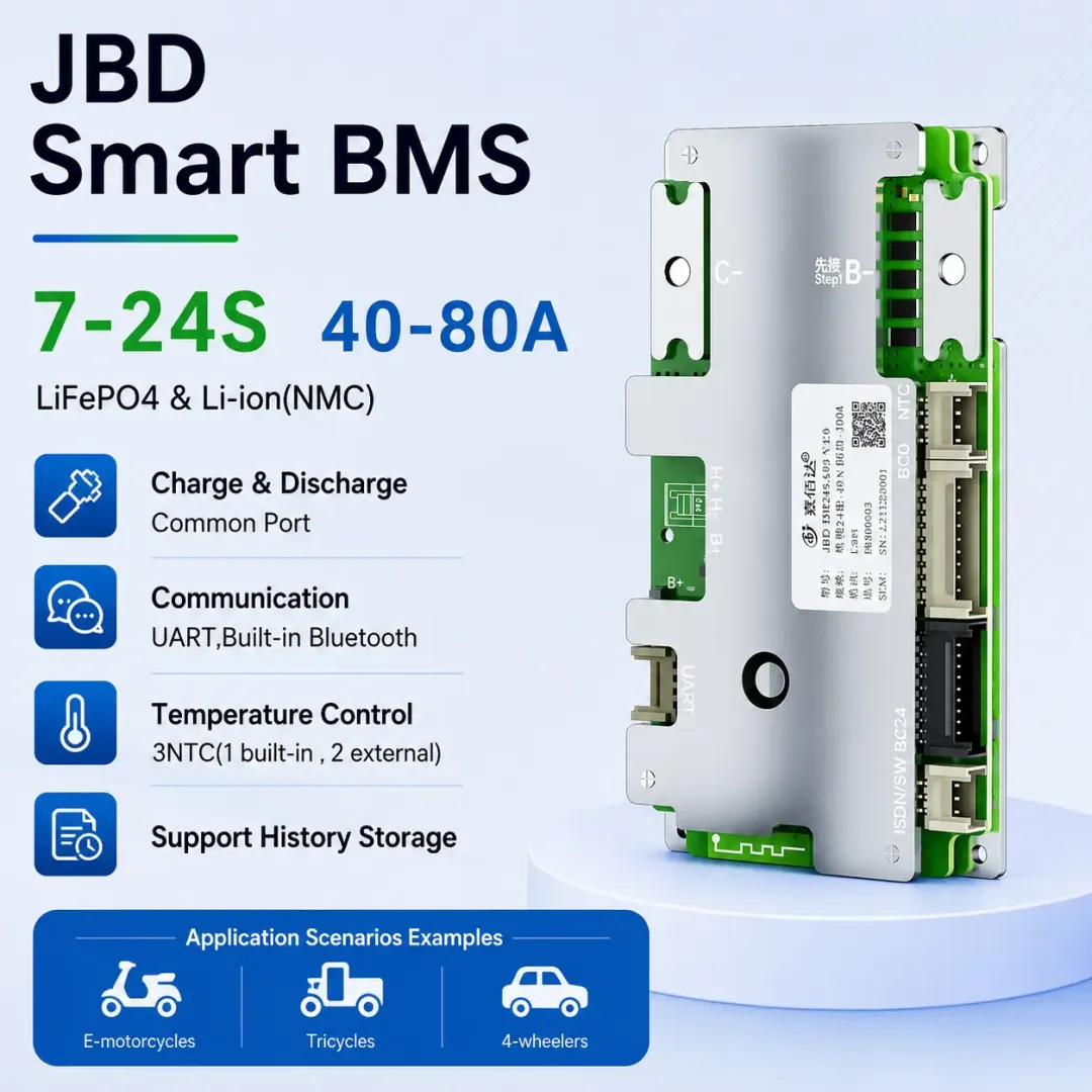 JBD 7S–24S 40A–80A Smart BMS